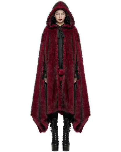 WY-1663DPF Womens Long Gothic Faux Fur Asymmetric Hooded Winter Cloak - Red
