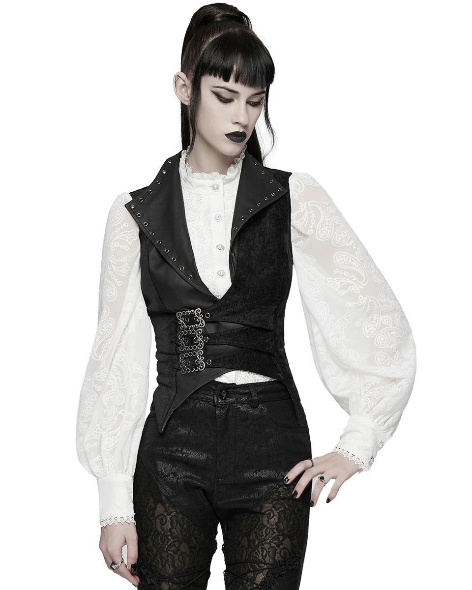 WY-1835MJF Womens Gothic Spliced Velvet & Faux Leather Asymmetric Waistcoat Vest
