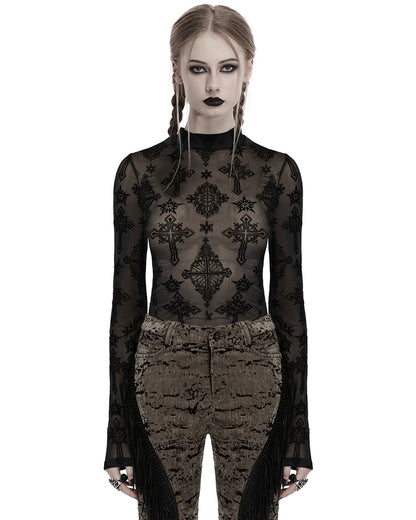 OT-990DQF-BKF Womens Gothic Flocked Mesh Crucifix Top