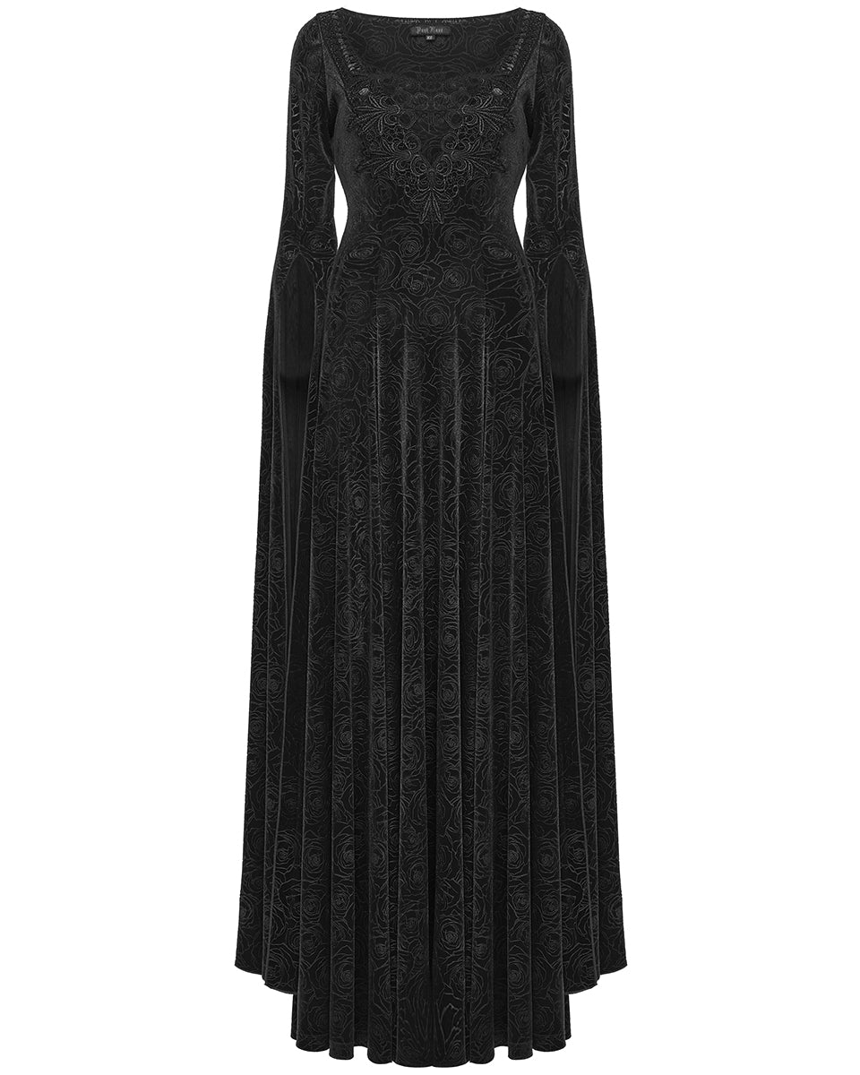 WQ-896LQF Womens Long Gothic Rose Velvet Flared Split Sleeve Maxi Dress - Black