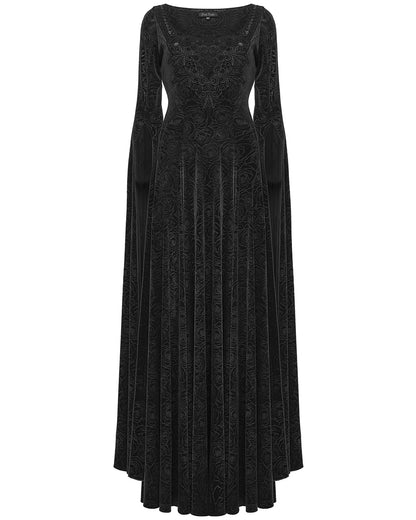 WQ-896LQF Womens Long Gothic Rose Velvet Flared Split Sleeve Maxi Dress - Black