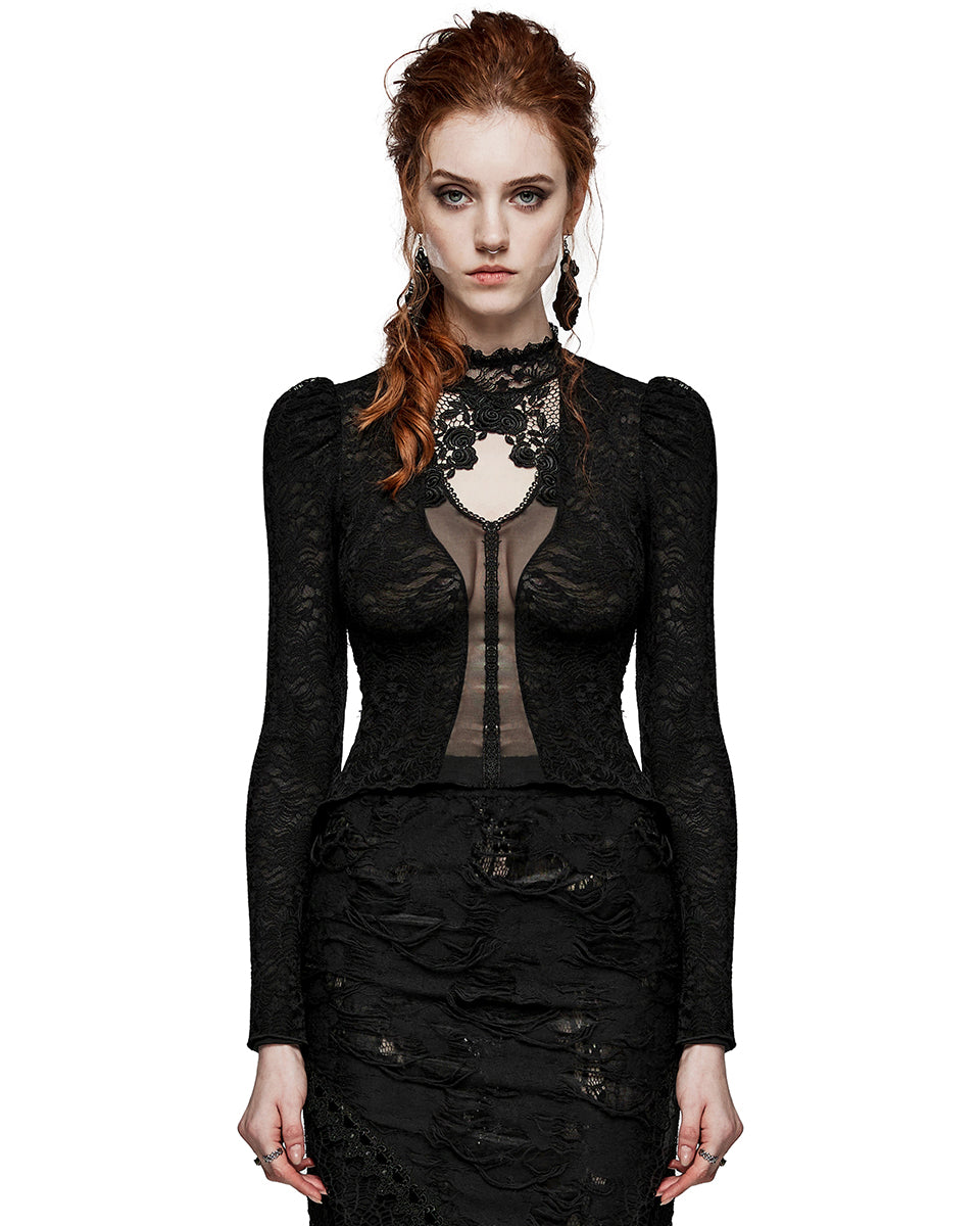PR-WT-809TCF-BKF Womens Ornate Gothic Rose Lace Inset Mesh Top