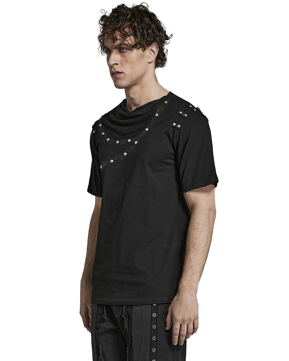 PR-T792-BKM Mens Avant Garde Gothic Studded Drop Collar T Shirt Top