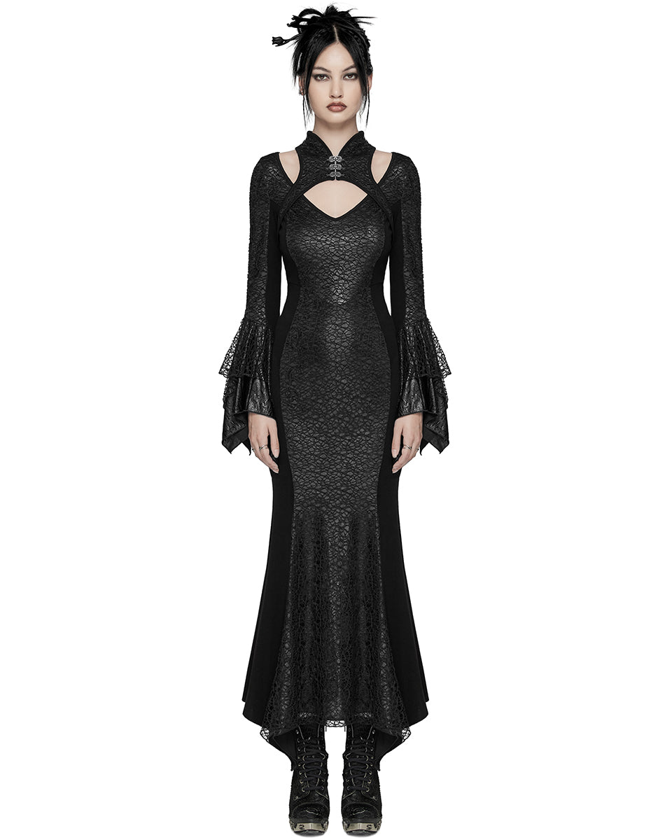 WQ-772LQF Womens Long Gothic Fitted Maxi Dress With Mesh Contrast - Black