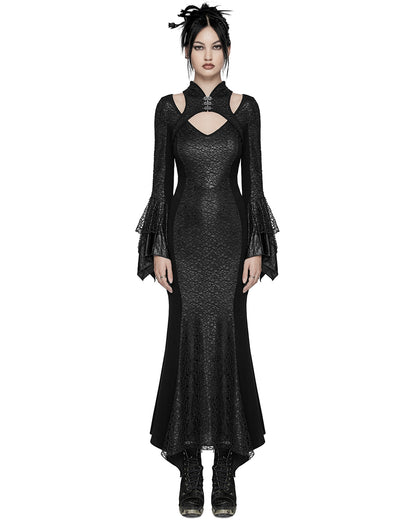 WQ-772LQF Womens Long Gothic Fitted Maxi Dress With Mesh Contrast - Black