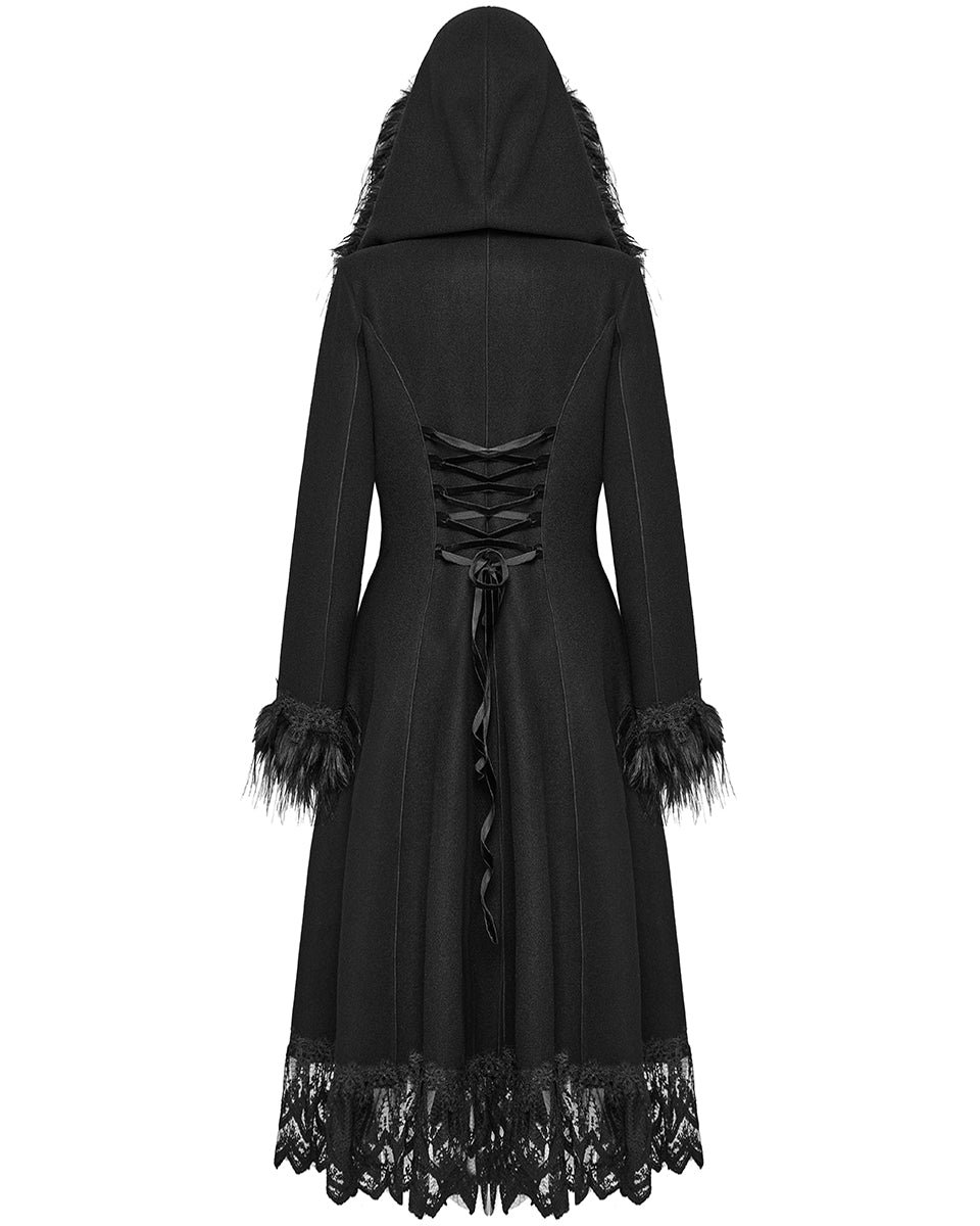 PR-DY-1509ECF-BKF Womens Gothic Winter Fur & Lace Trimmed Hooded Coat - Extended Size Range