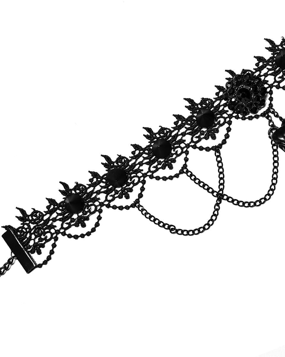 DS508-BKF Gothic Bird Skull Choker Necklace Collar Studded Black Lace Chain