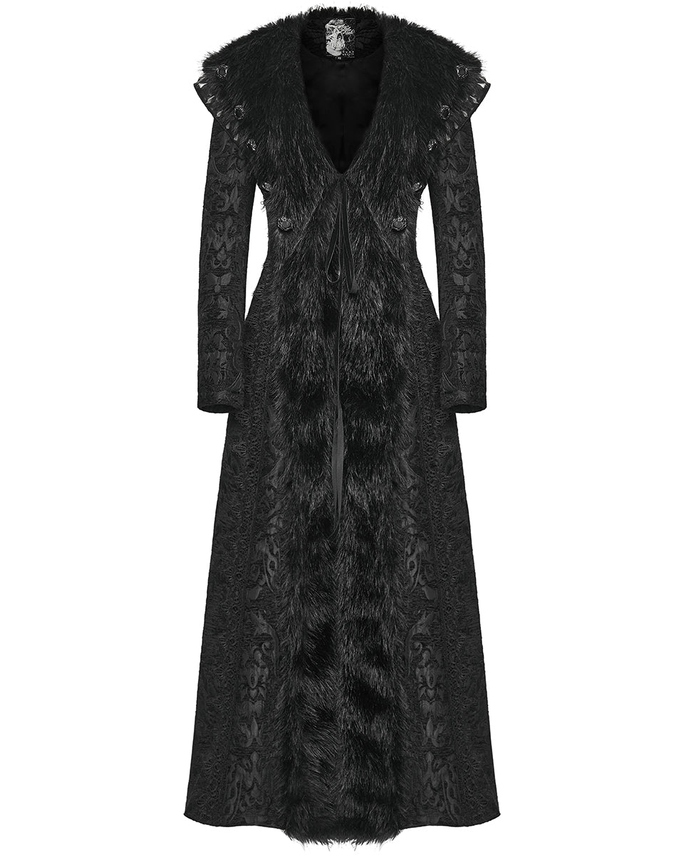 WY-1808XCF Womens Long Gothic Aristocrat Jacquard & Faux Fur Winter Coat