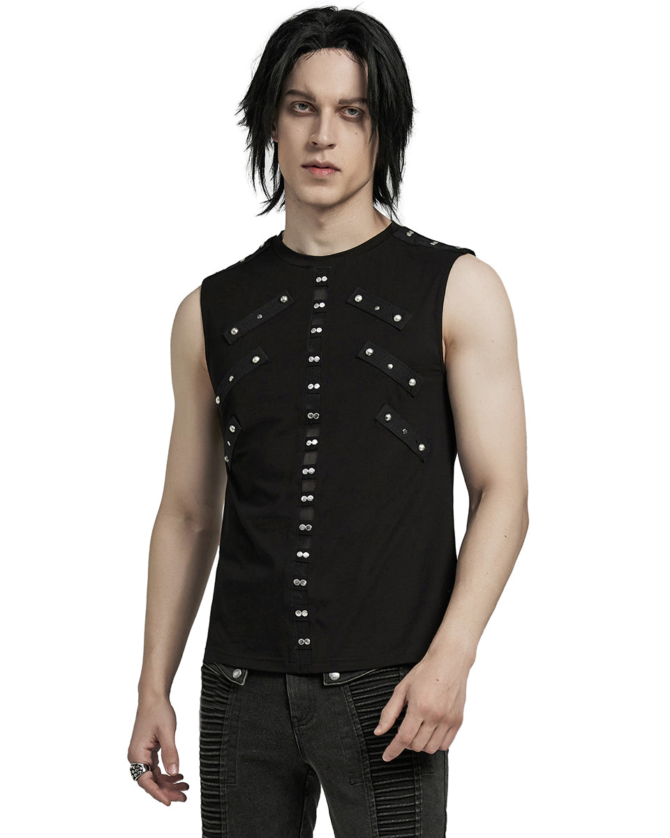 WT-899BXM-BKM Mens Dark Punk Studded Mesh Inset Tank Top Vest