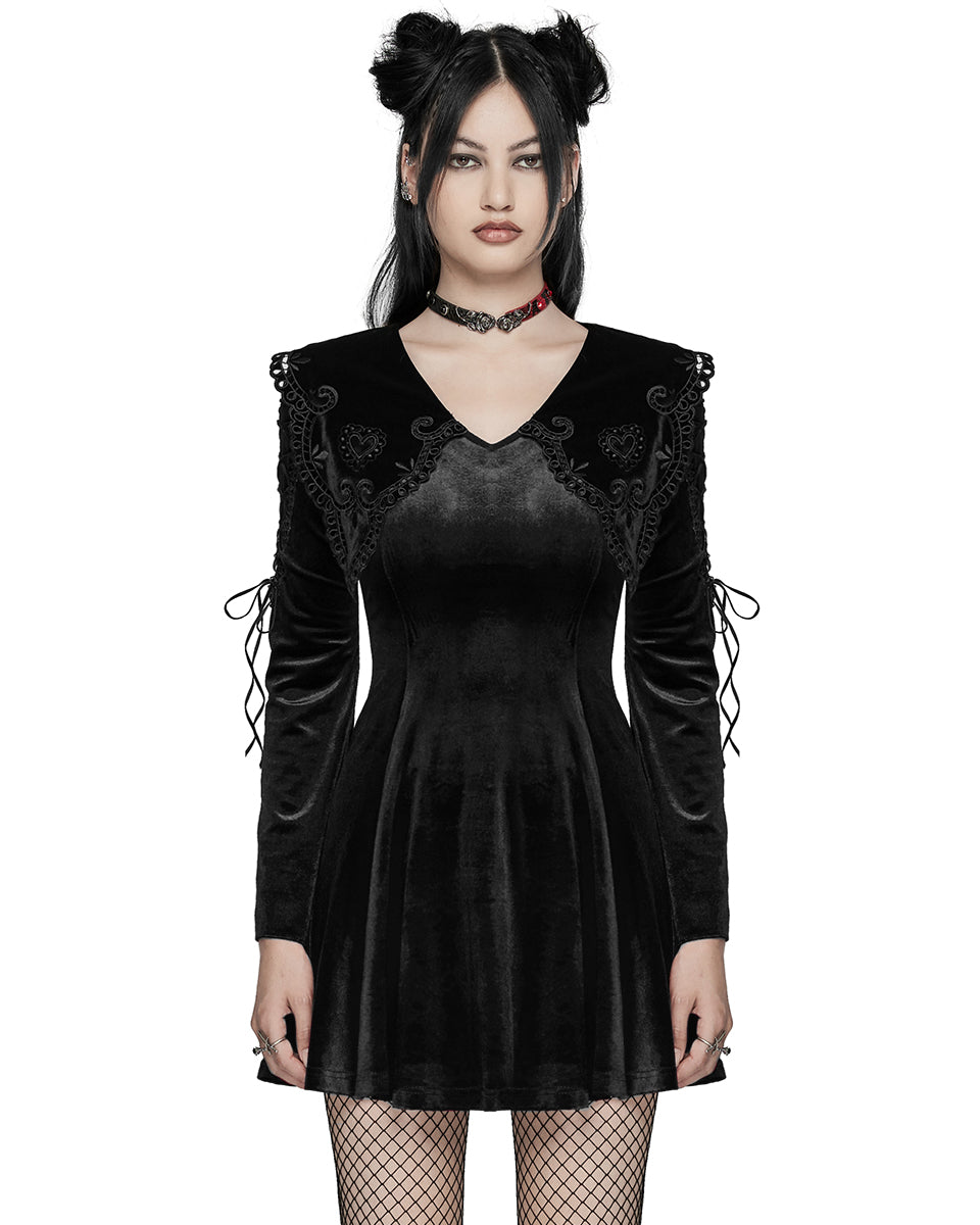 WQ-770DQF Womens Gothic Velvet Mini Dress With Oversize Embellished Collar - Black