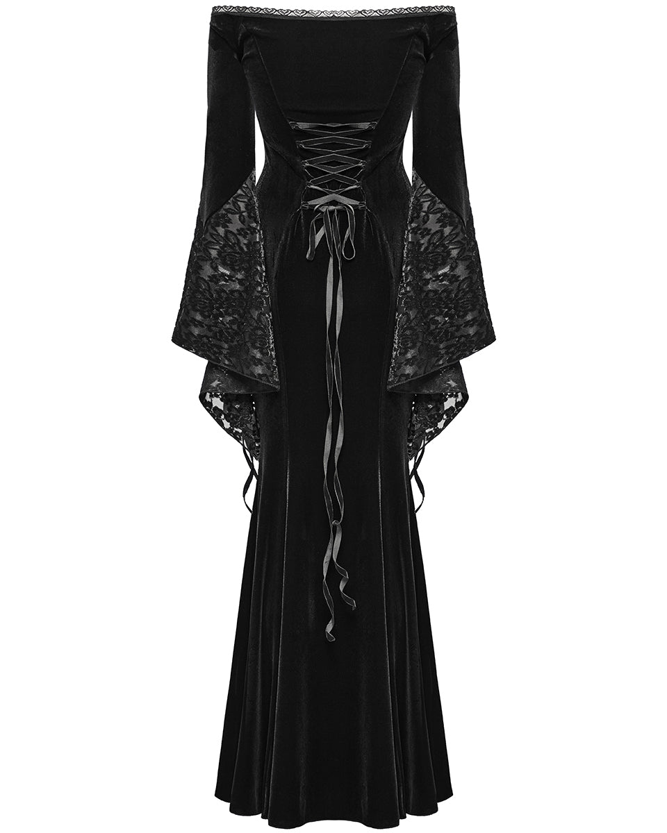 WQ-761LQF Womens Long Gothic Off Shoulder Maxi Dress With Devore Velvet Contrasts