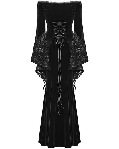 WQ-761LQF Womens Long Gothic Off Shoulder Maxi Dress With Devore Velvet Contrasts