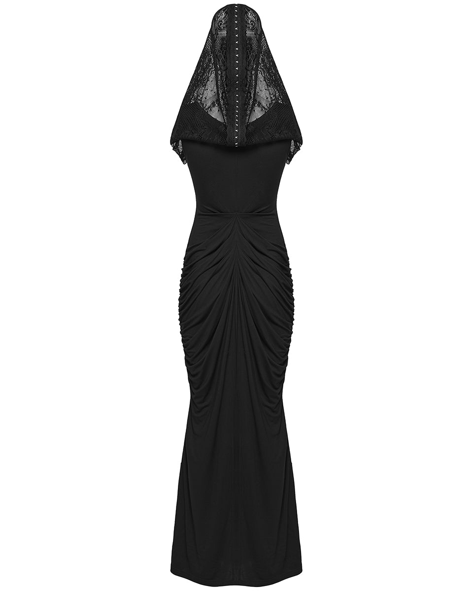 PR-WQ-940LQF-BKF Womens Long Gothic Lace Hooded Ruched Maxi Dress