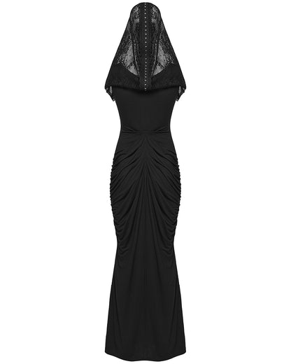PR-WQ-940LQF-BKF Womens Long Gothic Lace Hooded Ruched Maxi Dress