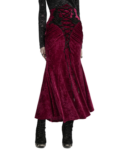 OQ-851BQF Daily Life Womens Long Gothic Velvet Applique Maxi Skirt - Red