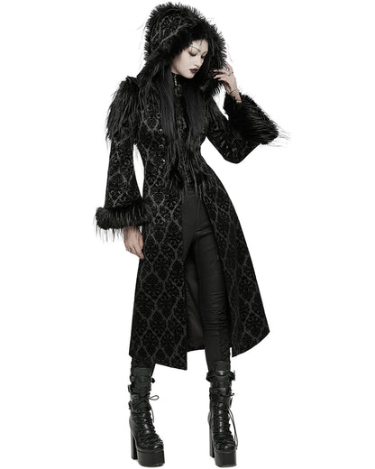 WY-1651LCF Womens Long Gothic Damask & Faux Fur Hooded Coat