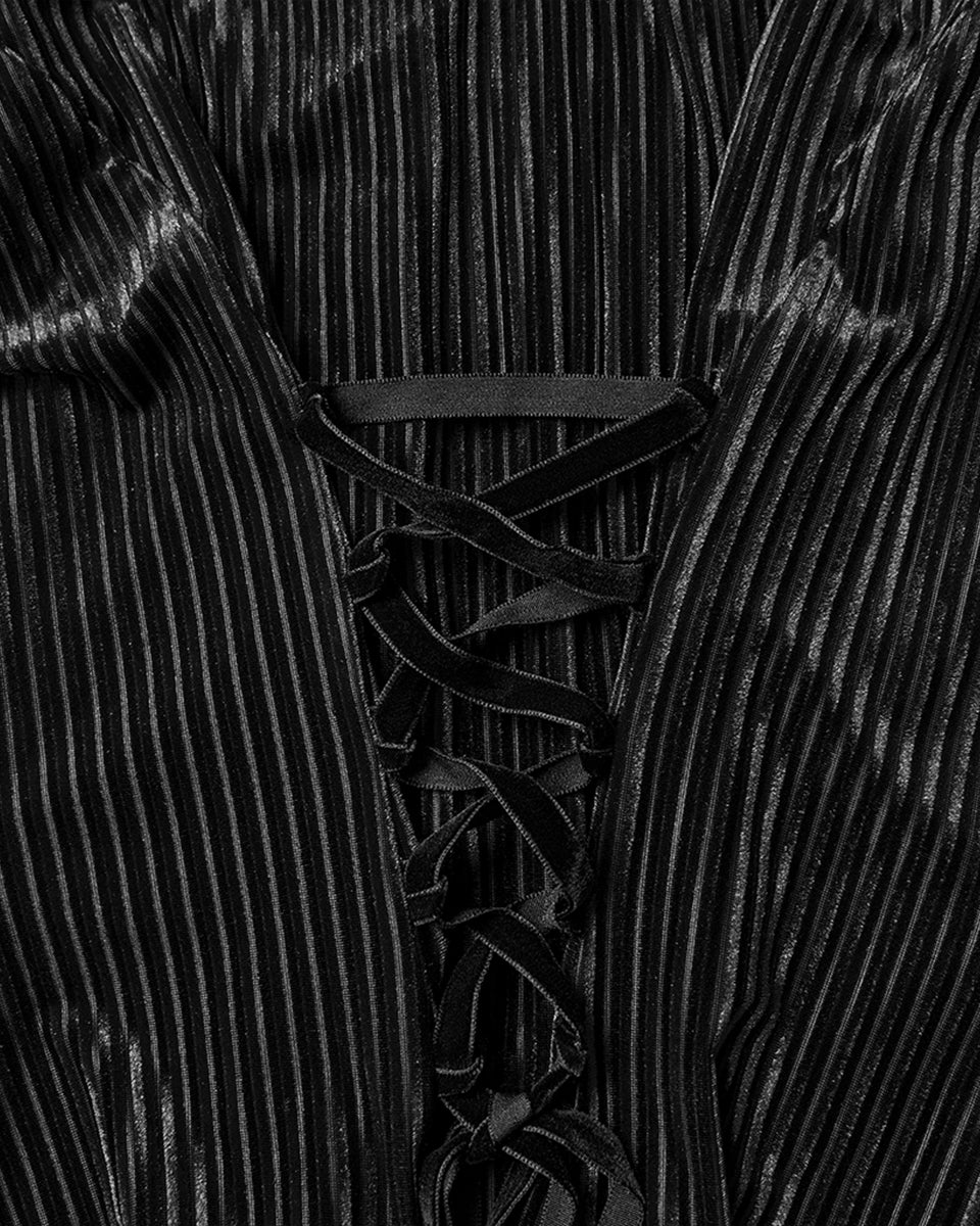 WY-1798CCF Womens Elegant Gothic Striped Velvet & Lace Applique Blouse Top - Black