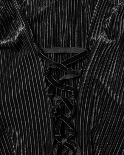 WY-1798CCF Womens Elegant Gothic Striped Velvet & Lace Applique Blouse Top - Black