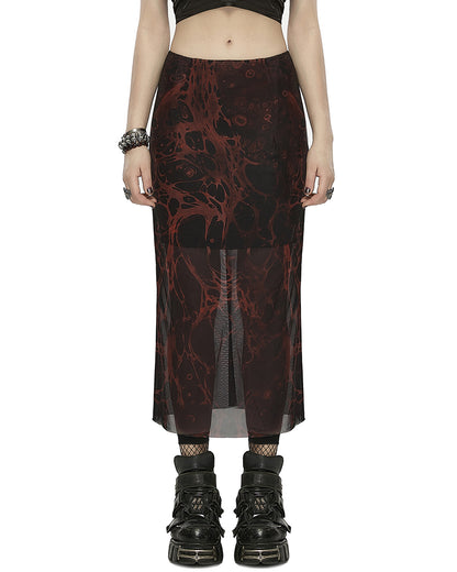 OPQ-1401 Daily Life Womens Cyberpunk Layered Gauze Midi Skirt - Black & Red