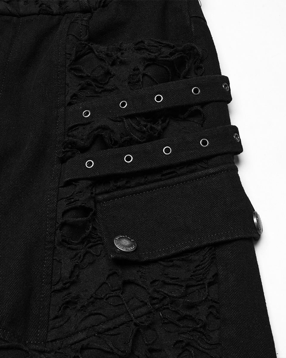 WK-707XCM-BKM Mens Apocalptic Gothic Studded Shredded Mesh Inset Pants