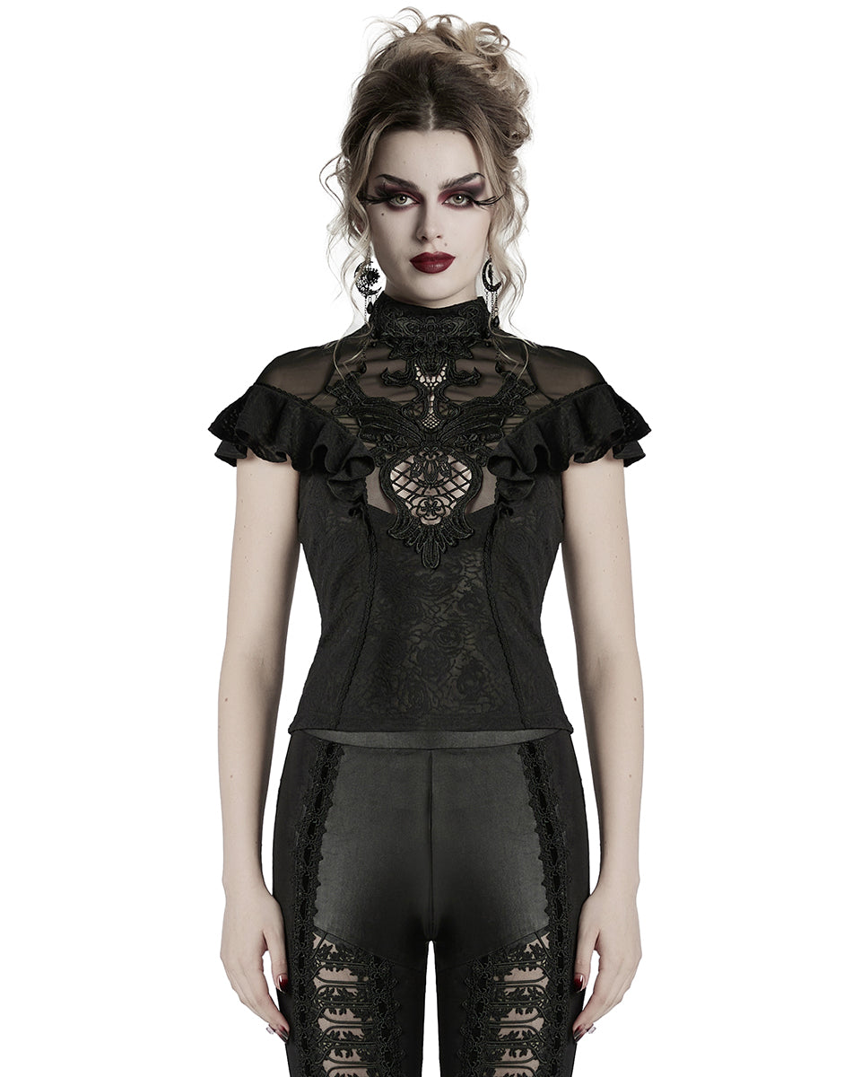 WT-1004TDF-BKF Womens Elegant Gothic Floral Lace Applique Blouse Top