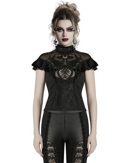 WT-1004TDF-BKF Womens Elegant Gothic Floral Lace Applique Blouse Top