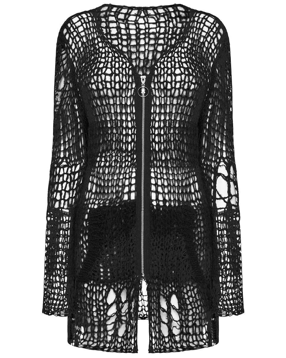 PR-WM-077KMF-BKF Womens Gothic Punk Shredded Cardigan Sweater - Black