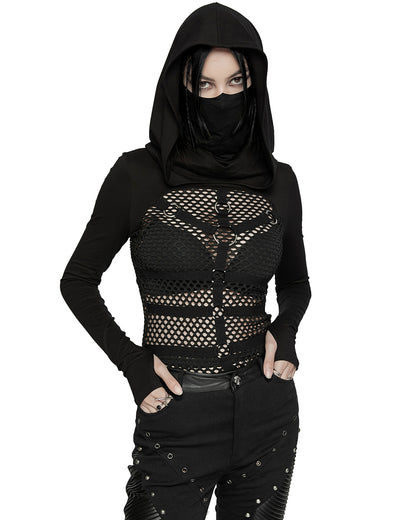 WT-916TCF Womens Fishnet Strapping Hooded Muffler Top