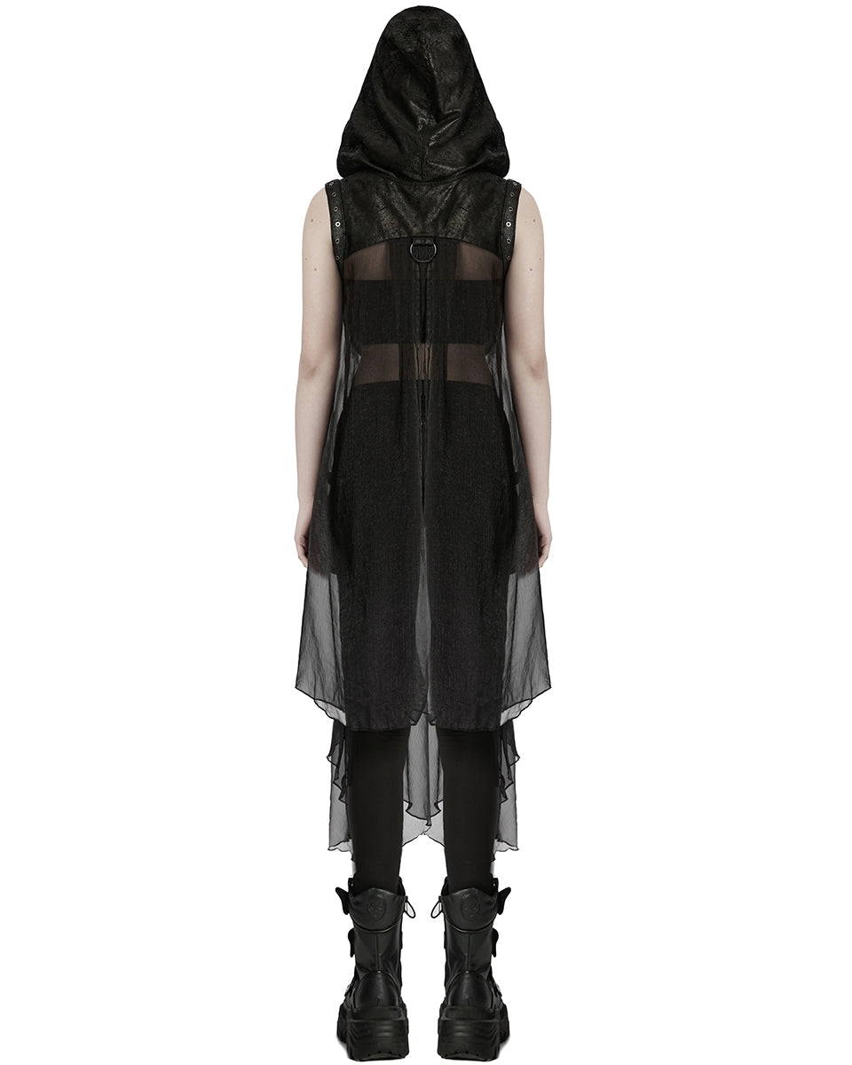 WY-1711MJF-BKF Womens Gothic Cyberpunk Hooded Harness Chiffon Cloak Cape