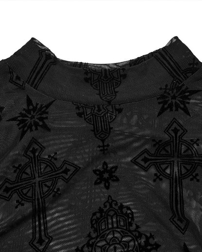 OT-990DQF-BKF Womens Gothic Flocked Mesh Crucifix Top