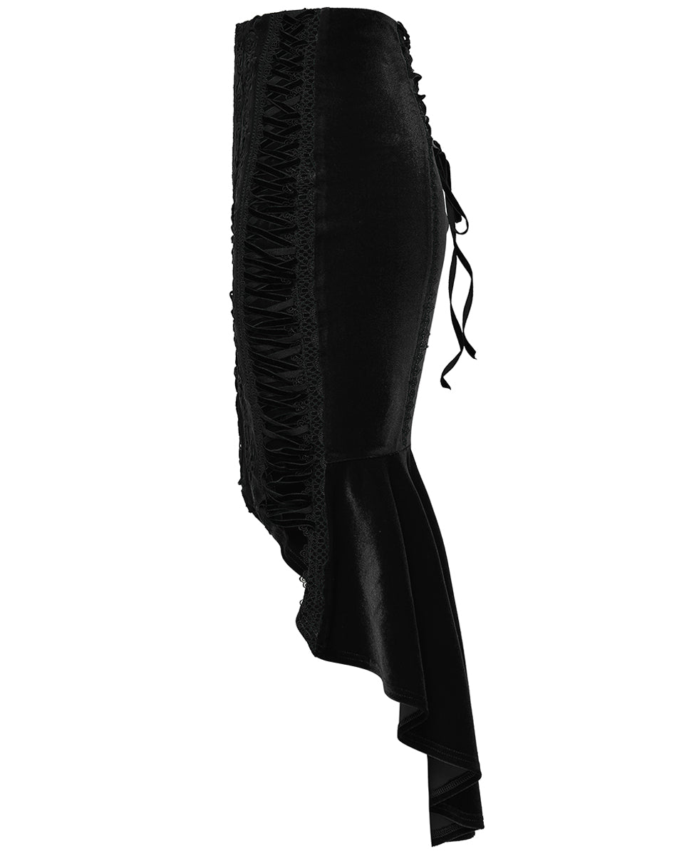WQ-876BQF Womens Baroque Gothic Rose Embroidered Velvet Fishtail Skirt - Black