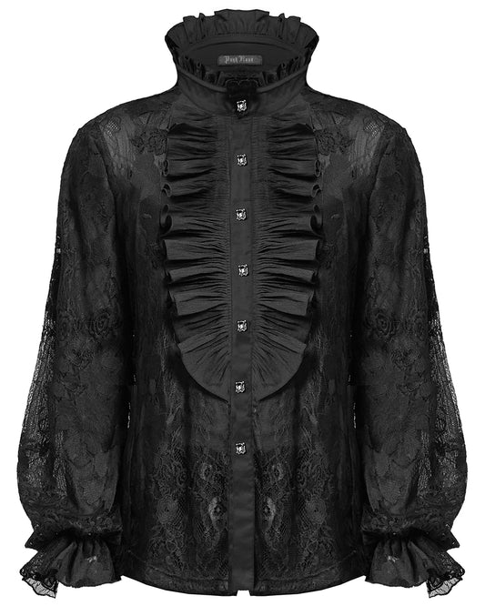 WY-1592CCM-BKM Mens Romantic Gothic Dark Floral Lace Ruffled Poet Shirt