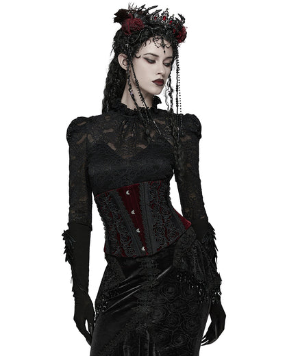 WS-790YDF Womens Baroque Gothic Rose Embroidered Velvet Cincher Corset - Red & Black