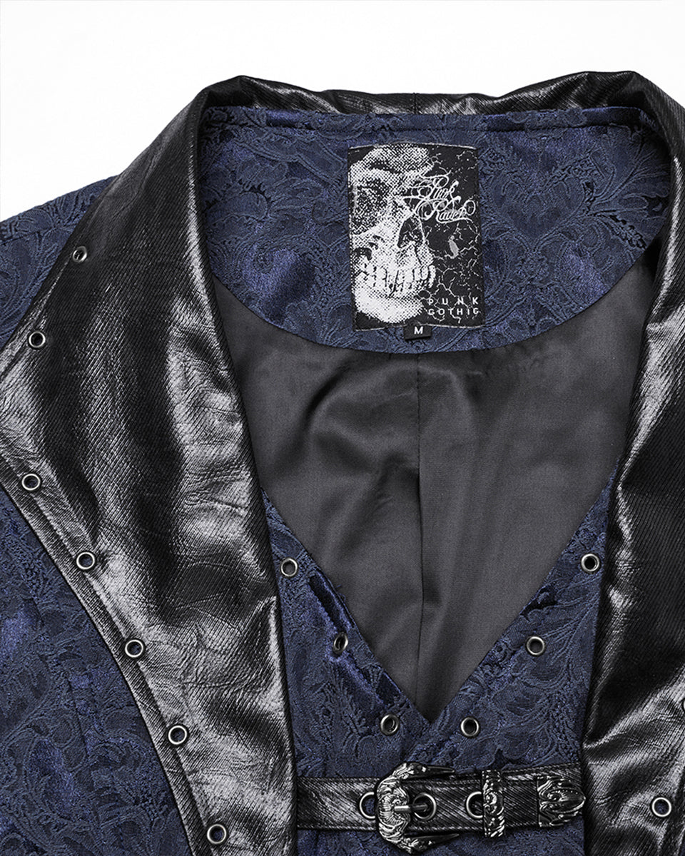 WY-1765MJM Mens Dark Victorian Gothic Damask Jacquard Waistcoat Vest - Blue