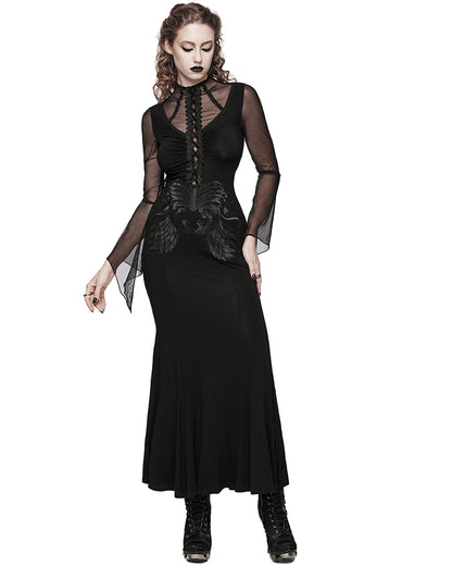 WQ-697LQF-BKF Long Gothic Lace Applique Evening Maxi Dress