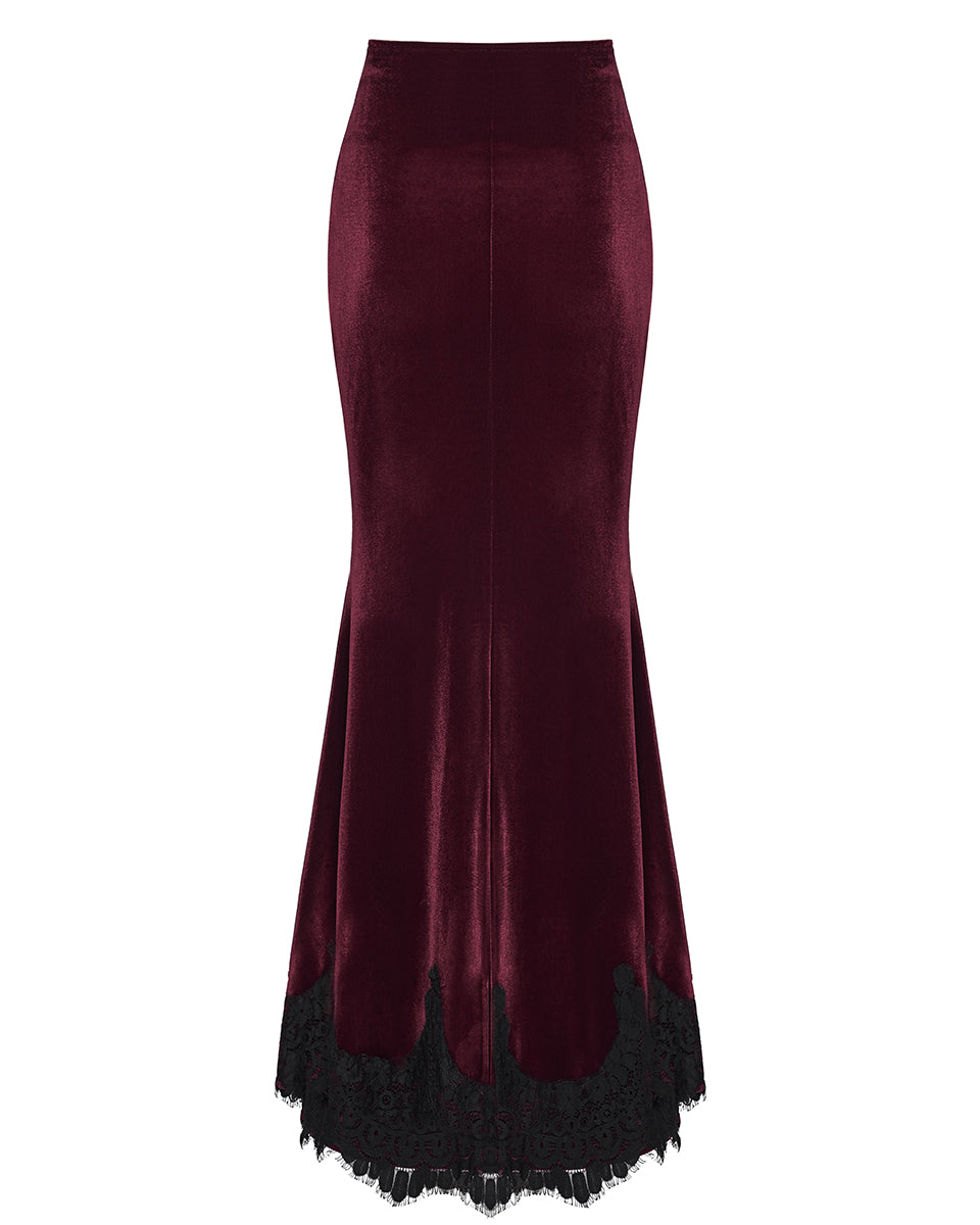 PR-OQ-844BQF-RDF Daily Life Womens Long Gothic Velvet Ruched Split Waist Skirt - Red