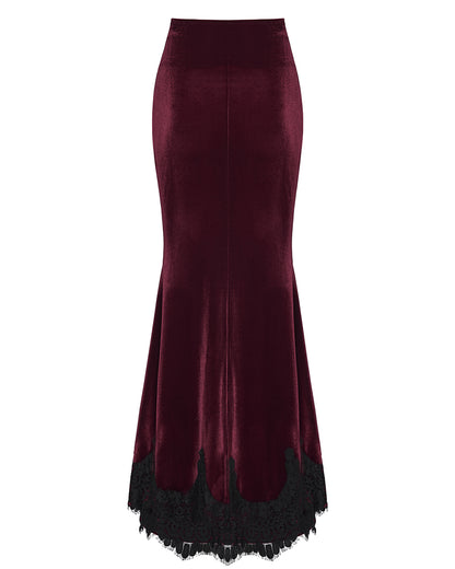 PR-OQ-844BQF-RDF Daily Life Womens Long Gothic Velvet Ruched Split Waist Skirt - Red