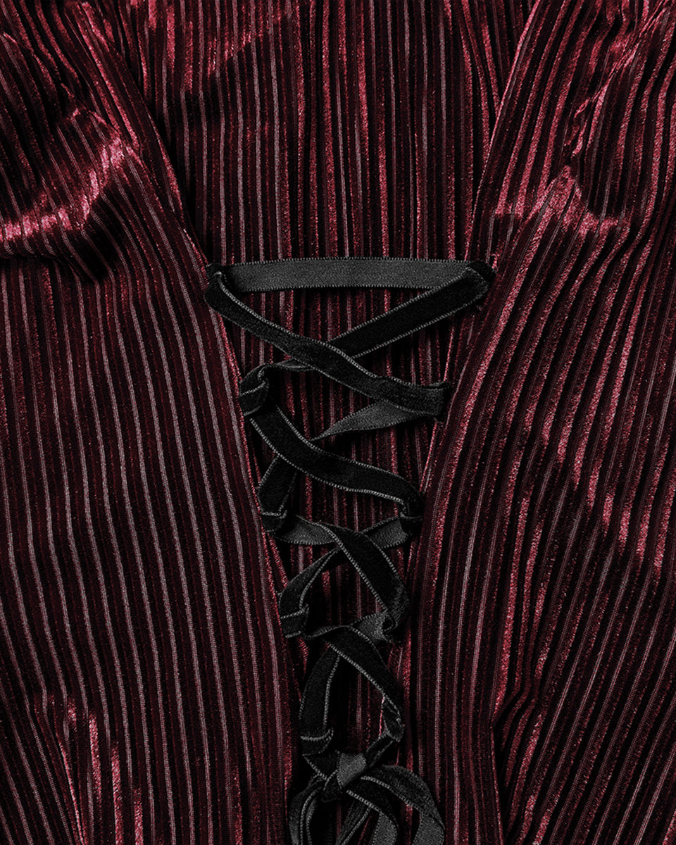 WY-1798CCF Womens Elegant Gothic Striped Velvet & Lace Applique Blouse Top - Red