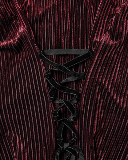 WY-1798CCF Womens Elegant Gothic Striped Velvet & Lace Applique Blouse Top - Red