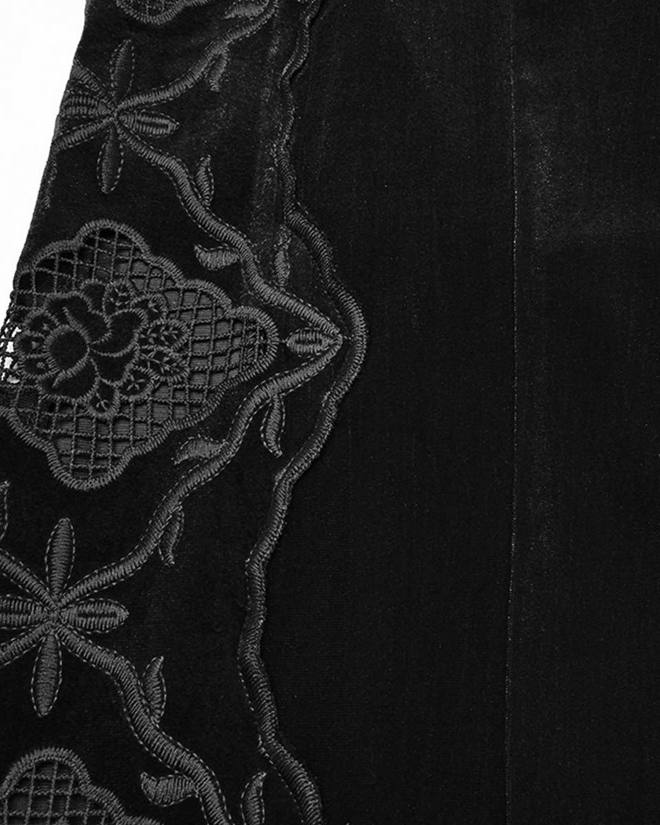 WQ-837LQF Womens Long Gothic Velvet Lace Applique Cutout Dress - Black