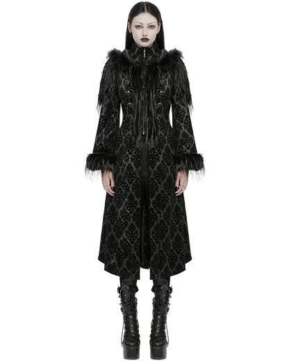 WY-1651LCF Womens Long Gothic Damask & Faux Fur Hooded Coat