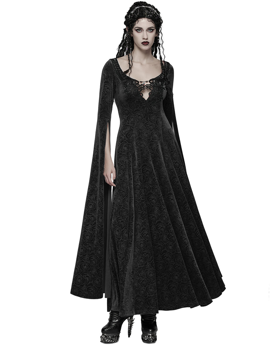 WQ-896LQF Womens Long Gothic Rose Velvet Flared Split Sleeve Maxi Dress - Black