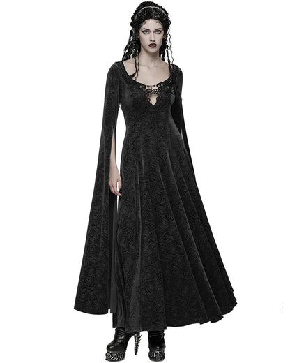 WQ-896LQF Womens Long Gothic Rose Velvet Flared Split Sleeve Maxi Dress - Black