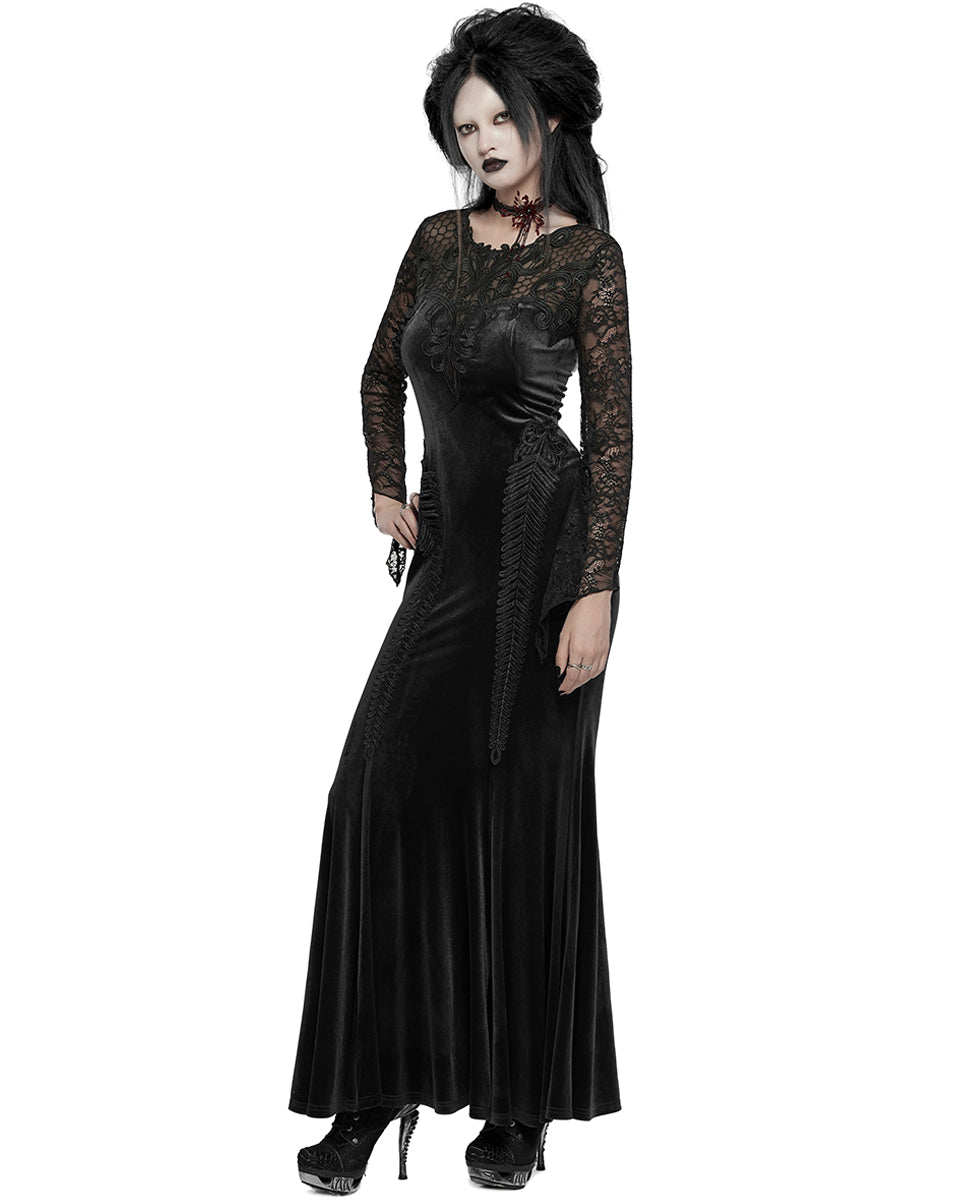 WQ-763LQF Womens Long Gothic Velvet & Lace Applique Maxi Dress - Black