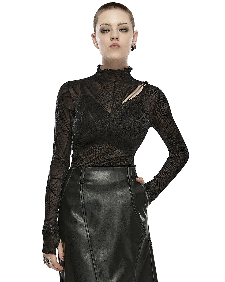 OPT-857 Daily Life Womens Asymmetric Spliced Gothic Spiderweb Top