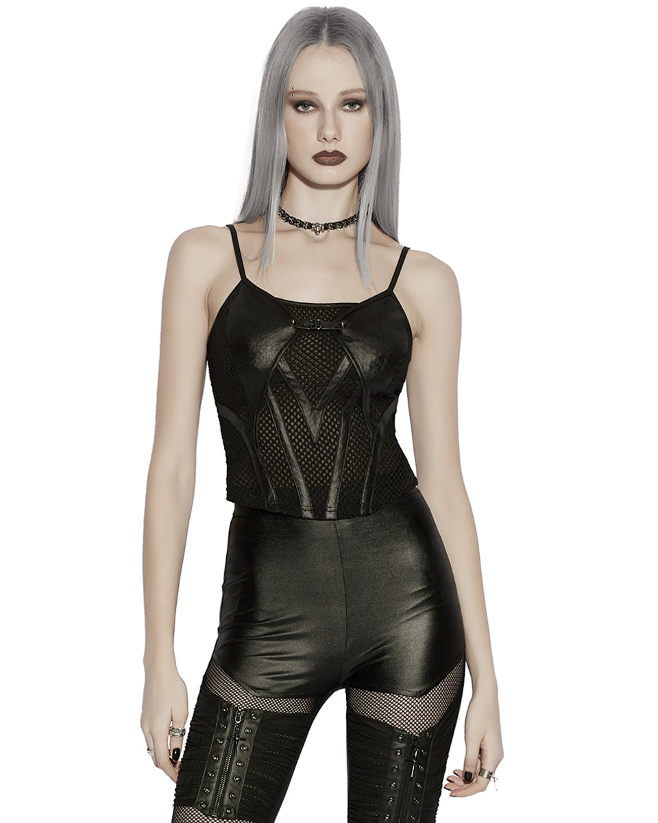 PR-OT-1070DDF-BKF Daily Life Womens Cyberpunk Faux Leather & Mesh Skull Camisole Vest Top