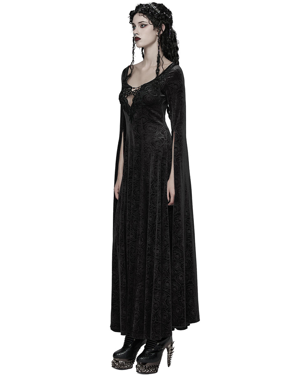 WQ-896LQF Womens Long Gothic Rose Velvet Flared Split Sleeve Maxi Dress - Black