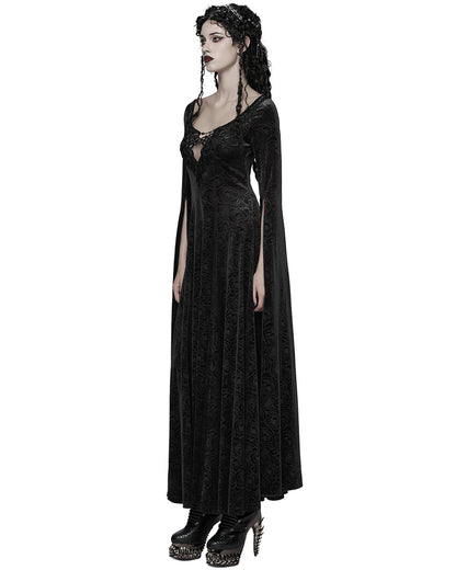 WQ-896LQF Womens Long Gothic Rose Velvet Flared Split Sleeve Maxi Dress - Black