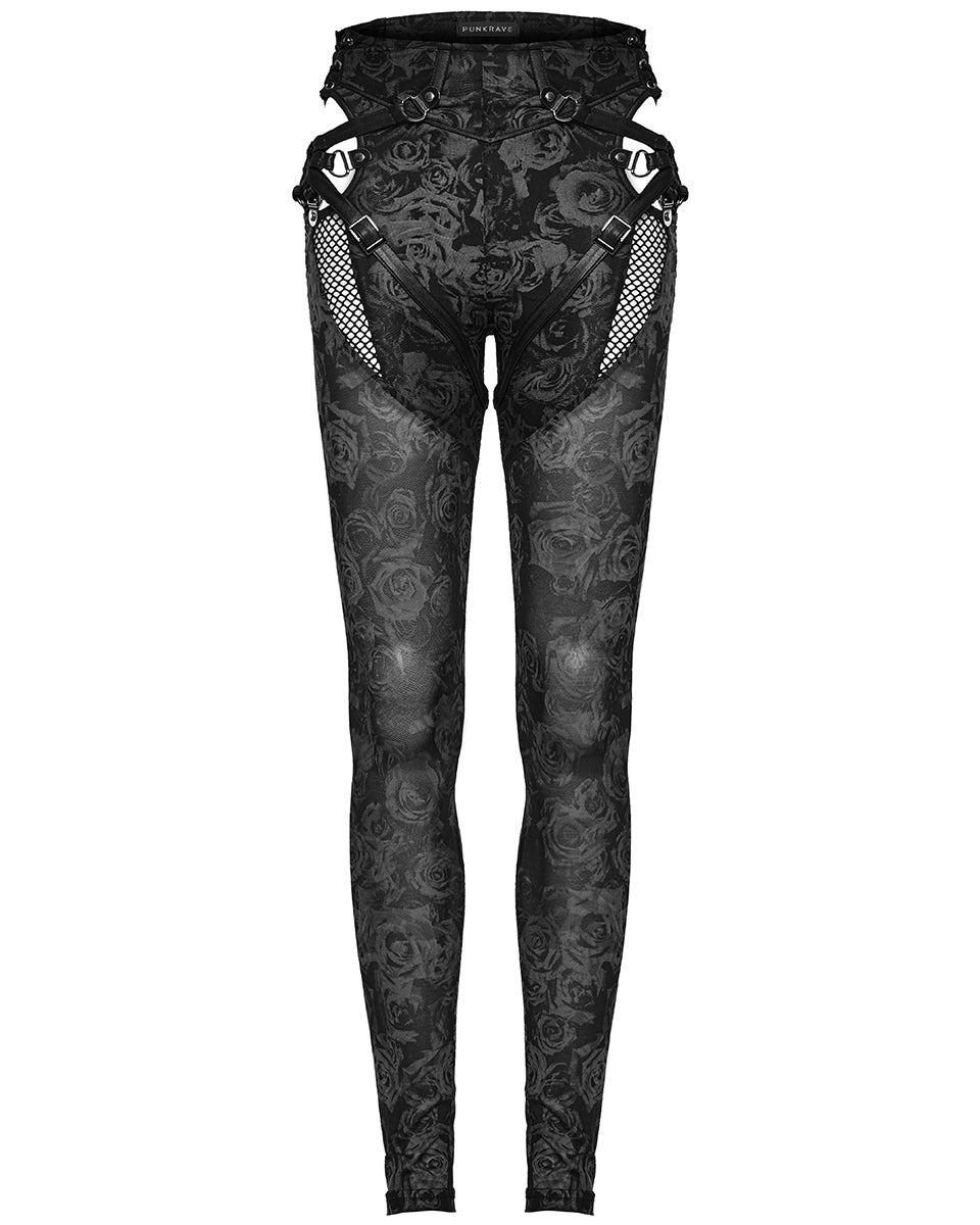 WK-625DDF-BKF Daily Life Dark Punk Rose Mesh Strapping Leggings