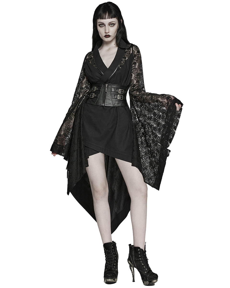 WY-1581XCF Womens Dark Gothic Skull Lace Belted Kimono Dress Jacket